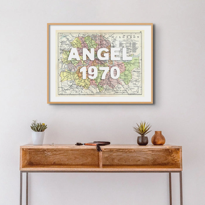 Coastal wall art featuring a personalised vintage city map print of London with white font - Framed Wall Art