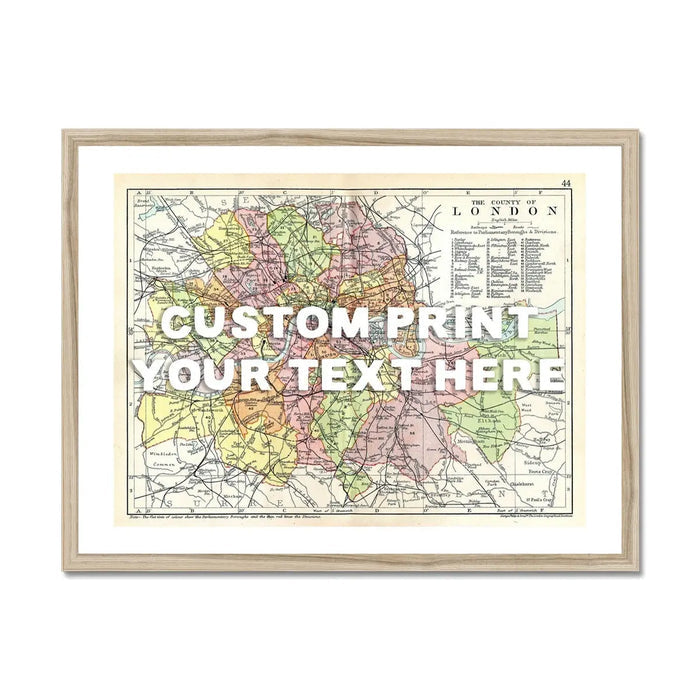 Personalised vintage London map print of London with white font - Framed Wall Art