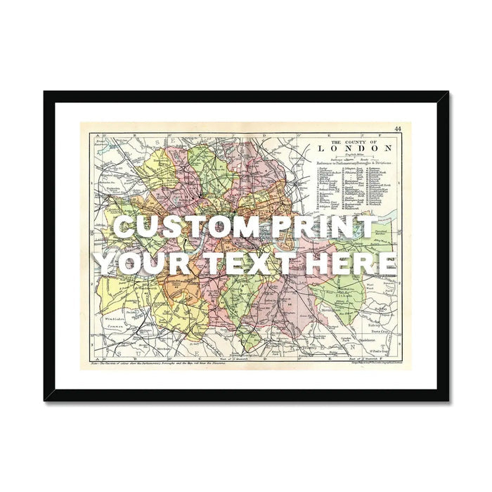 Custom map print of London with white font - Framed Wall Art