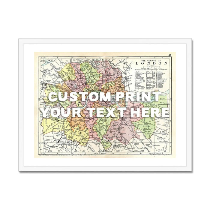Coastal wall art featuring a personalised vintage city map print of London with white font - Framed Wall Art