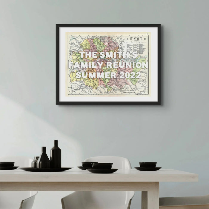 Coastal wall art featuring a personalised vintage city map print of London with white font - Unframed Wall Art