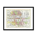 Framed custom London map print of a vintage London map with customisable text in white font.