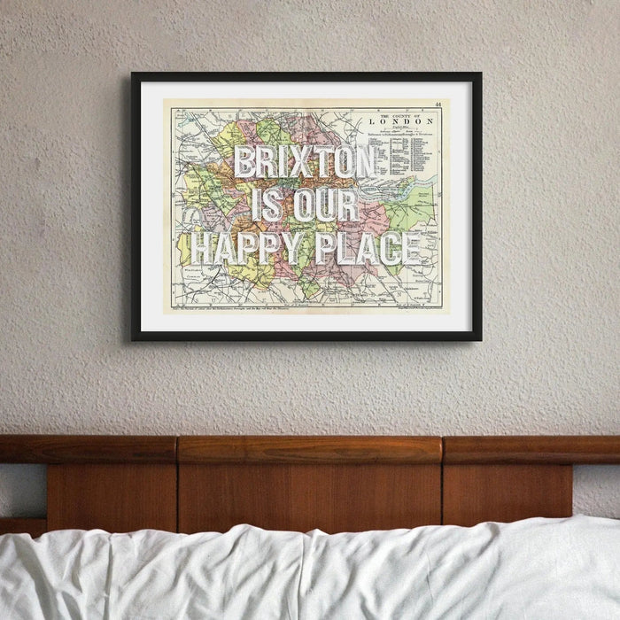 Coastal wall art featuring a personalised vintage city map print of London with white font  - Framed wall art