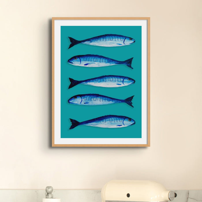 Mackerel Fish Pint | Kitchen Fish Wall Art | Mackerel Fish Painting on Green Background - Framed