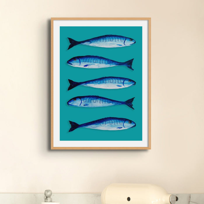 Mackerel Fish Print | Kitchen Fish Wall Art | Mackerel Painting on Green Bacground - Unframed