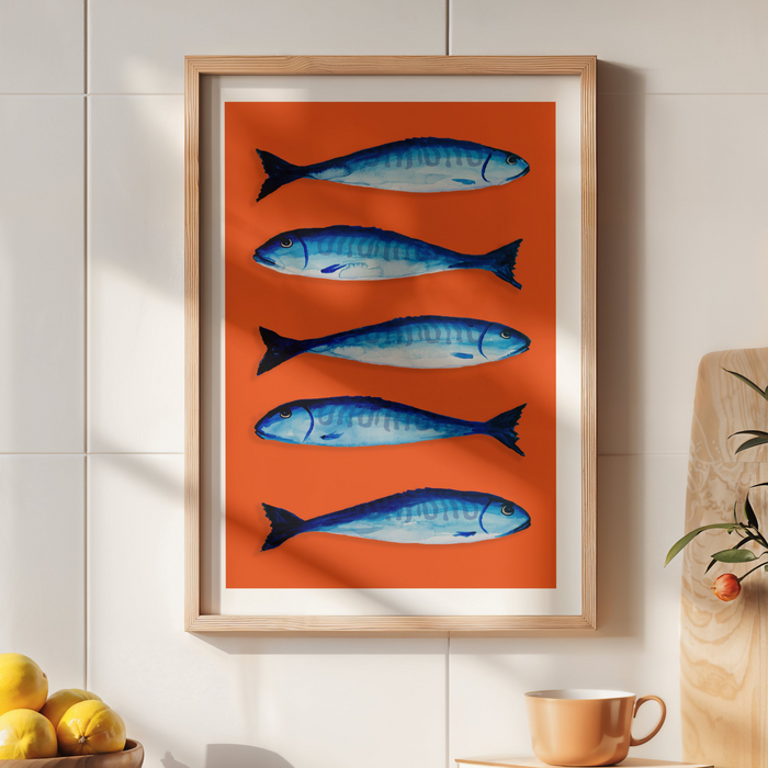 Mackerel fish painting in kitchen on wall - red fish painting framed with natural wooden frame
