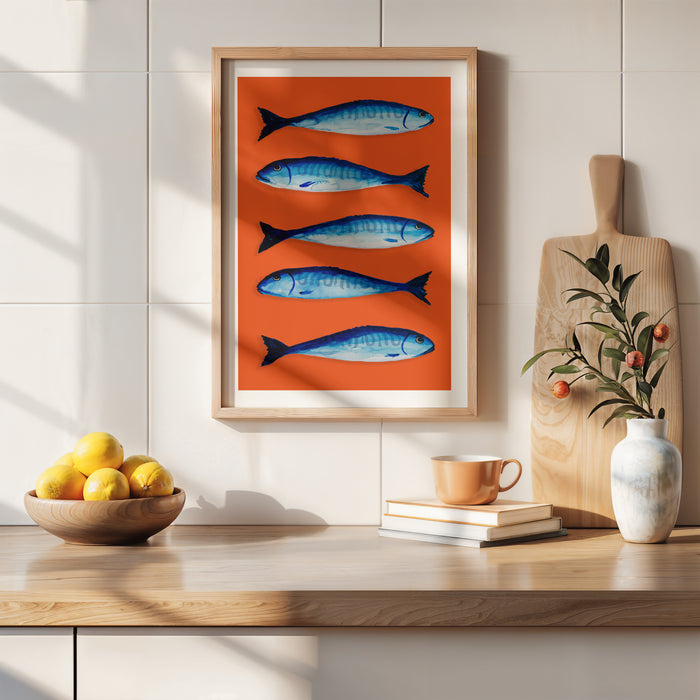Fish art print in kitchen - framed kitchen print in natural wooden frame on orange background.