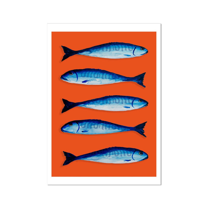A stylized artwork print featuring a group of blue mackerel fish on an orange background.