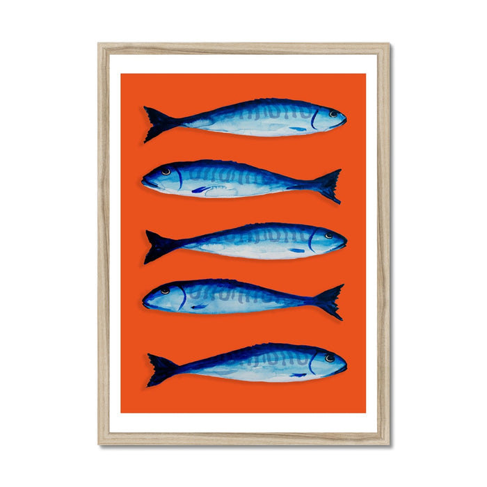 Framed artwork featuring a stylized painting of blue mackerel fish on an orange background.