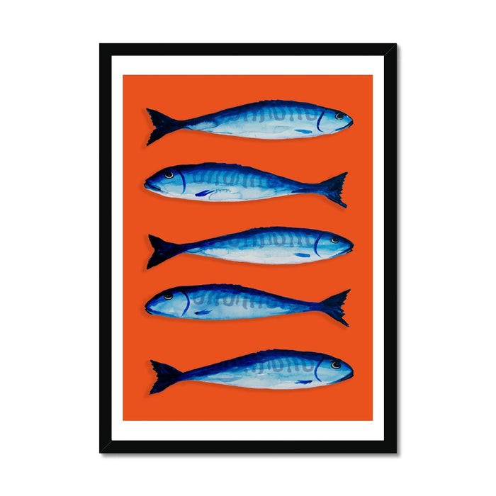 Framed art print of blue mackerel fish on an orange background.