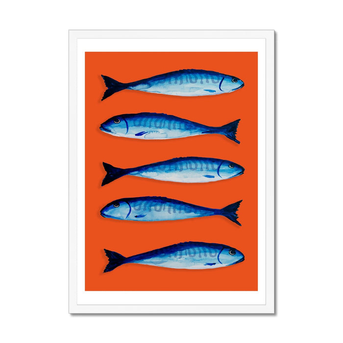 Framed art print of blue mackerel fish on an orange background.