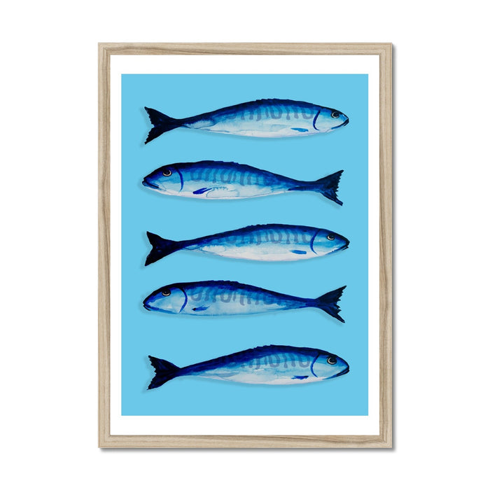 Mackerel Painting | Kitchen Fish Art Print | Mackerel Fish Painting on Blue - Unframed