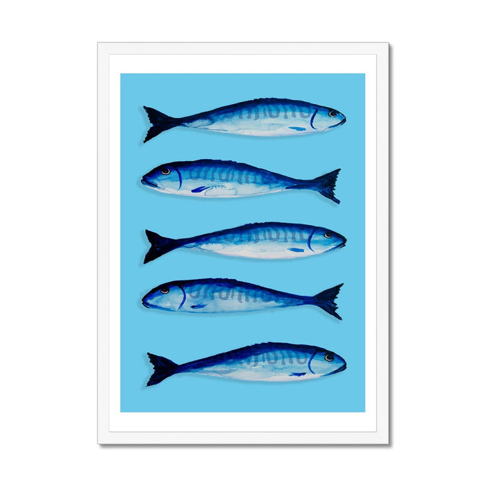 Mackerel Painting | Kitchen Fish Art Print | Mackerel Fish Painting on Blue - Unframed