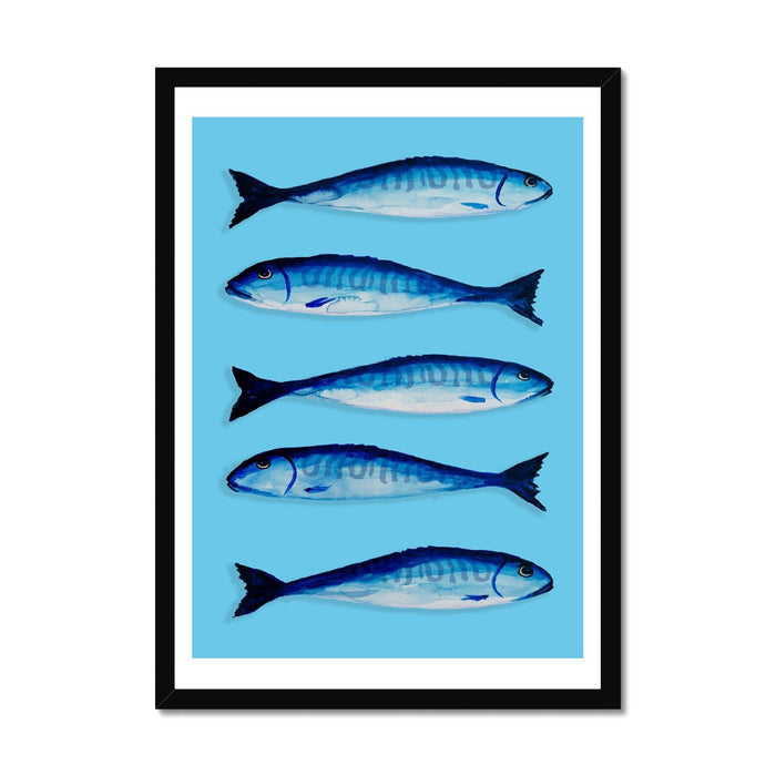 Mackerel Painting | Kitchen Fish Art Print | Mackerel Fish Print on Blue Background - Framed