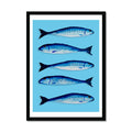 Mackerel Painting | Kitchen Fish Art Print | Mackerel Fish Print on Blue Background - Framed
