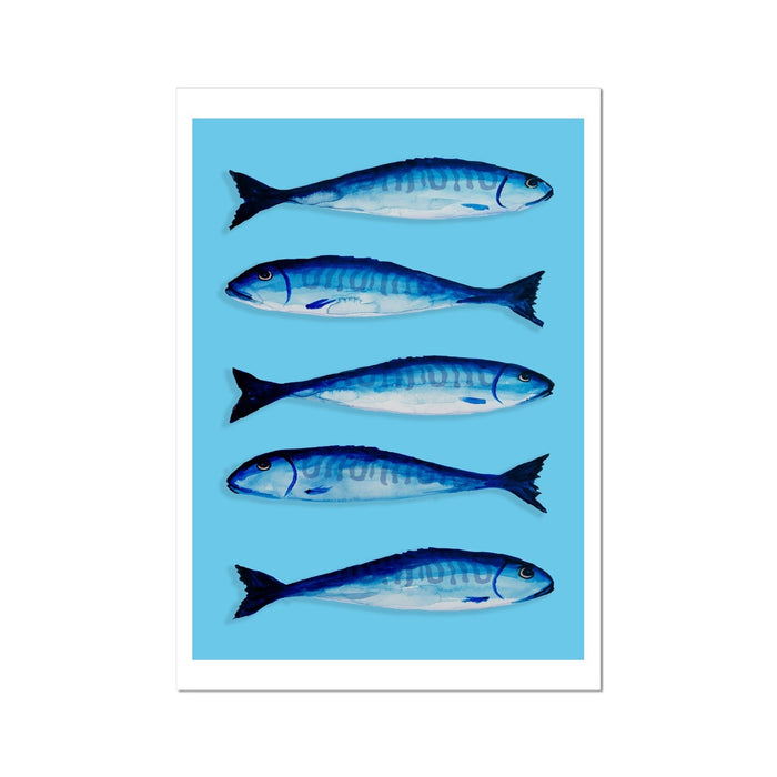 Mackerel Painting | Kitchen Fish Art Print | Mackerel Fish Print on Blue Background - Framed