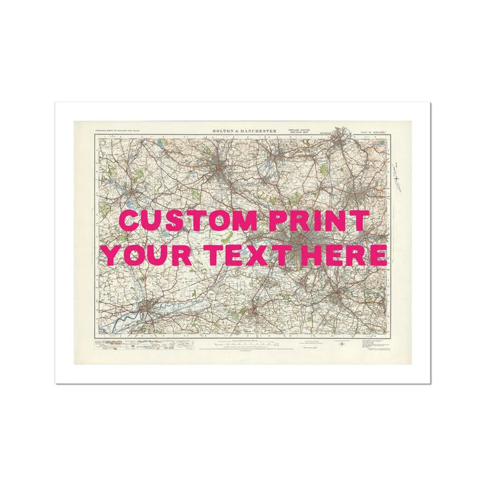 Manchester city map print featuring a personalised map print of Manchester with pink font - Unframed wall art