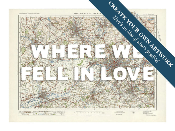 City map wall art featuring a personalised map print of Manchester with white font - framed wall art