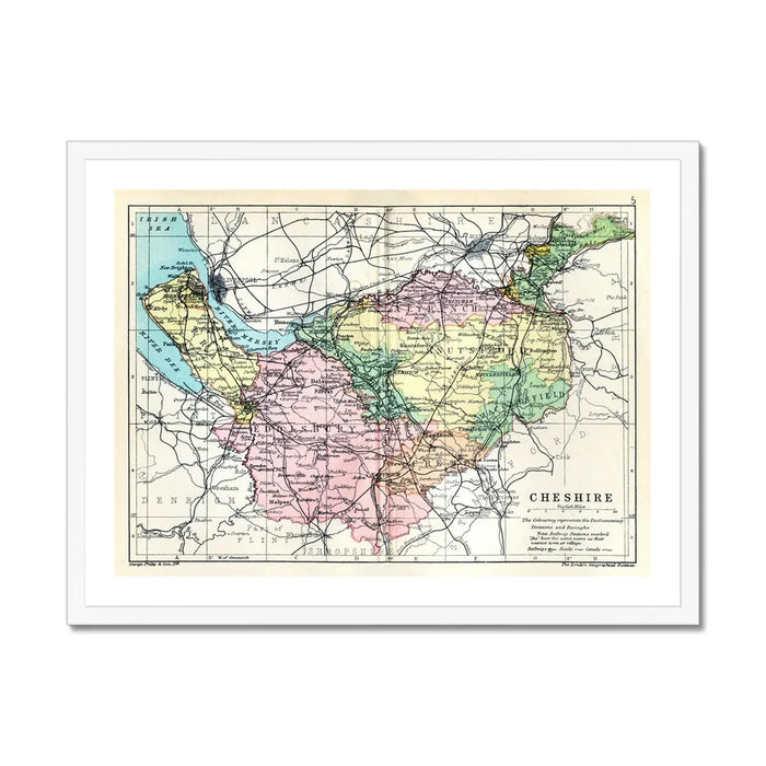 Map Print of Cheshire | Colourful Vintage Map of Cheshire Print - Framed Wall Art