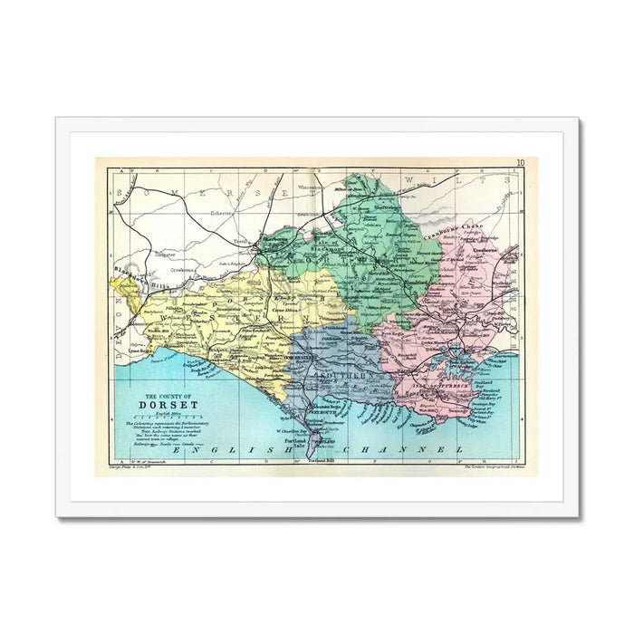 Map Print of Dorset | Colourful Vintage Map of Dorset Printed on museum quality paper- Framed Wall Art
