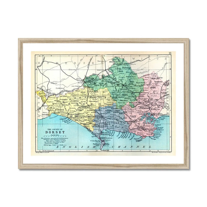 Map Print of Dorset | Colourful Vintage Map of Dorset Printed on museum quality paper- Framed Wall Art