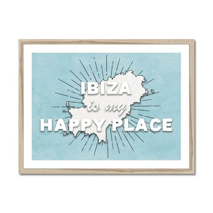 Framed map print of Ibiza with the text 'IBIZA is my HAPPY PLACE' on a blue background, presented in a neutral frame.