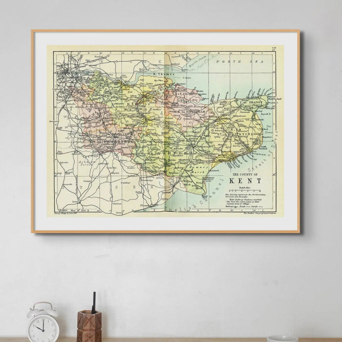 Map Print of Kent | A colourful Vintage Map of Kent Print - Framed Wall Art