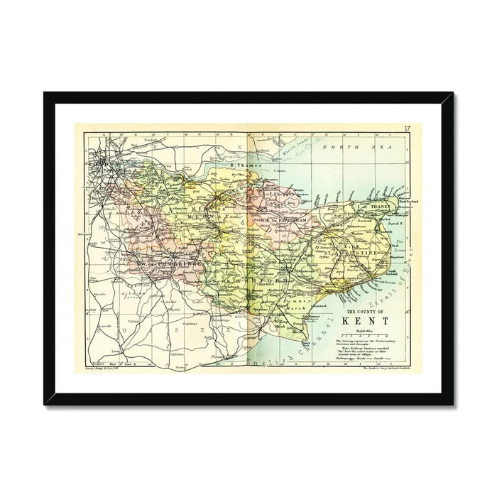 Map Print of Kent | A colourful Vintage Map of Kent Print - Framed Wall Art