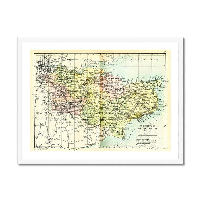 Map Print of Kent | A colourful Vintage Map of Kent Print - Framed Wall Art