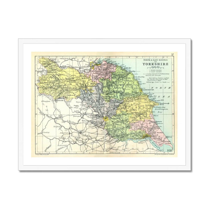 Map Print of North & East Riding| Vintage Map of North & East Yorkshire Print - Framed Wall Art