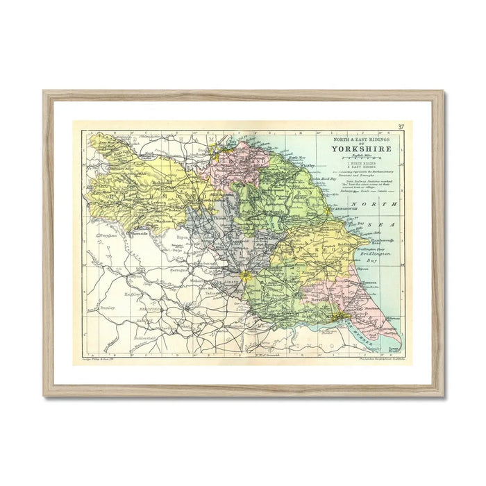 Map Print of North & East Riding| Vintage Map of North & East Yorkshire Print - Framed Wall Art