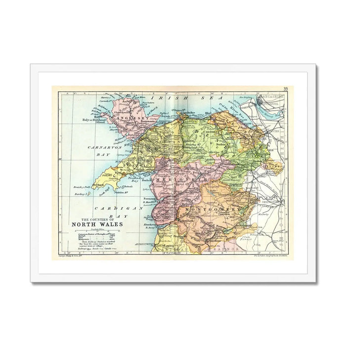 Map Print of North Wales | A detailed and colourful Vintage Map of Wales - Framed Wall Art