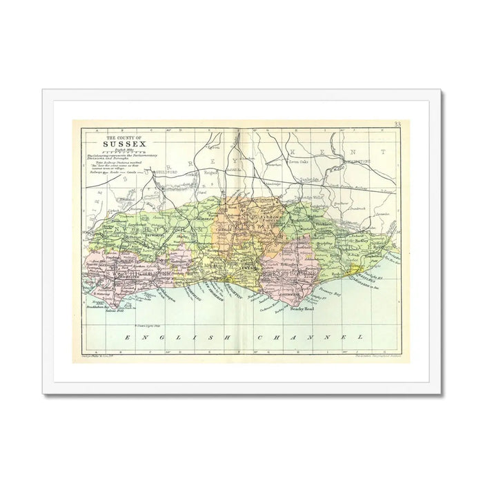 Map Print of Sussex | A detailed Vintage Map of Sussex Printed on quality paper - Framed Wall Art