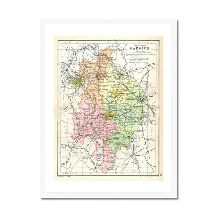 Map Print of Warwickshire | A colourful and detailed Vintage Map of Warwick - Framed Wall Art