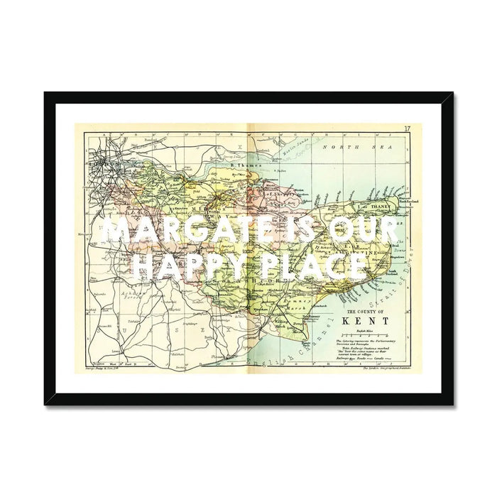 Margate is our Happy Place (Kent Map) Vintage Map Art - Framed - Beach House Art