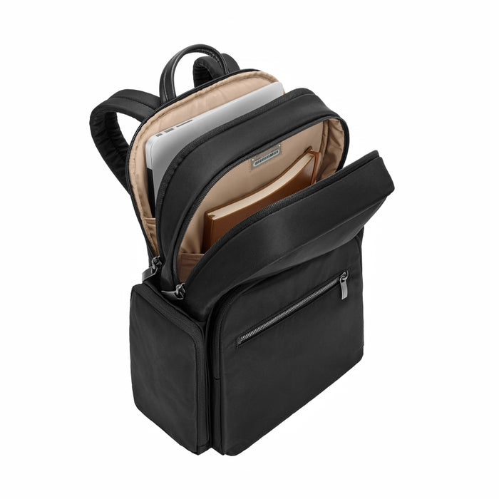 Briggs & Riley Rhapsody medium backpack in black, featuring multiple compartments and ergonomic design.