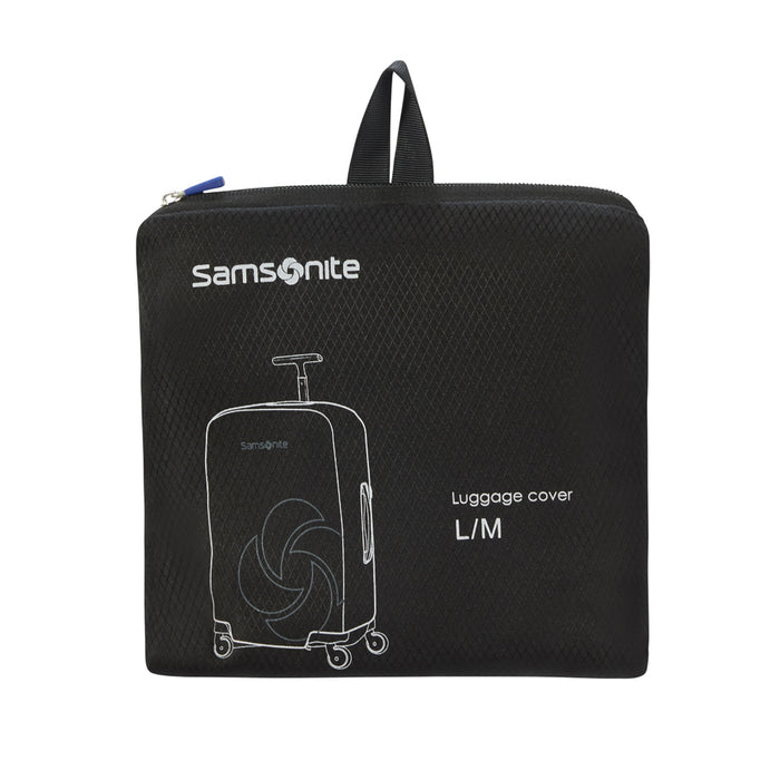 Samsonite black medium to large luggage cover designed for protection and style, fitting various suitcase sizes.