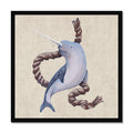 Illustration of a narwhal with a rope on a beige background