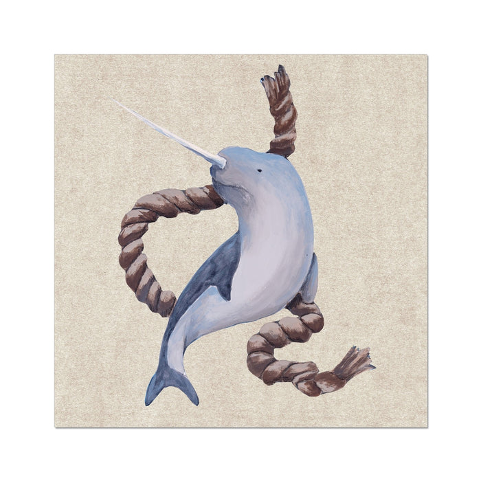 Whale art print - Illustration of a narwhal with rope on a beige background