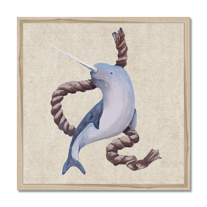 Framed whale artwork of a narwhal on a textured beige background