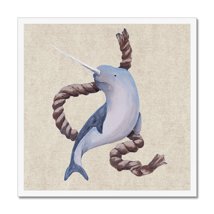 Artwork of a narwhal with a rope around its neck on a textured beige background