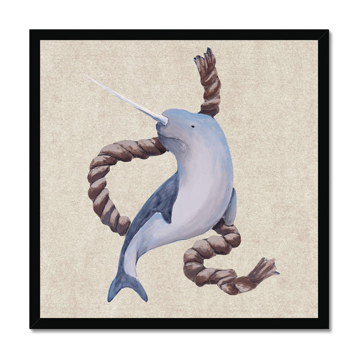 Illustration of a narwhal with a rope on a beige background