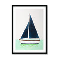 Framed artwork of a boat with blue sails on a light background