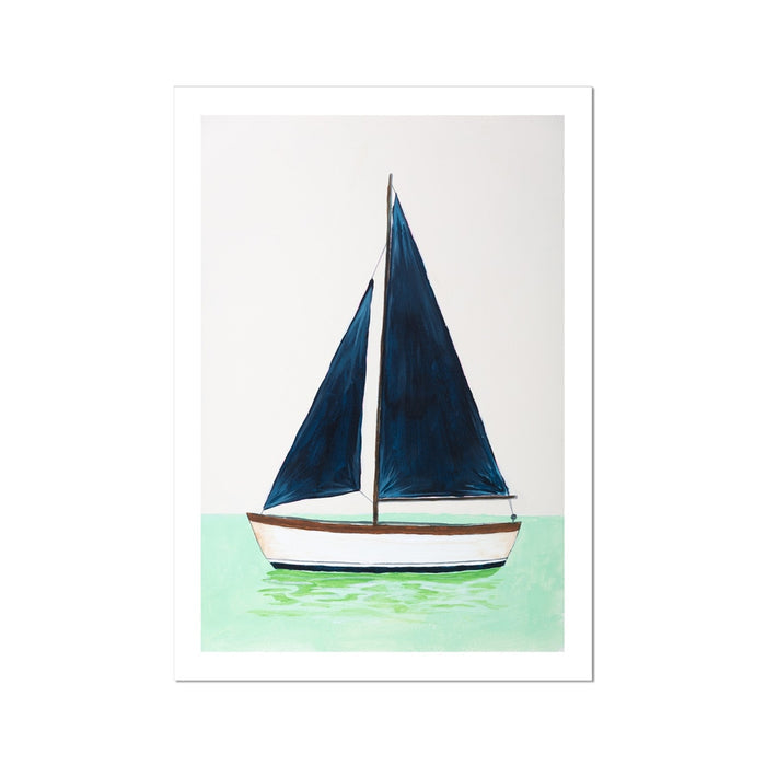 Sailboat painting with blue sails on a light green background