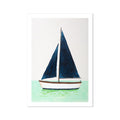 Sailboat painting with blue sails on a light green background