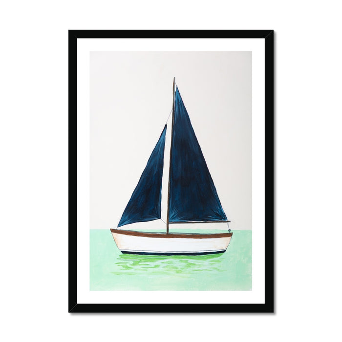 Framed artwork of a boat with blue sails on a light background