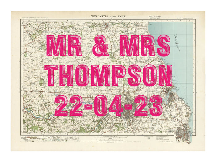 Newcastle Personalised Map Print | Custom Map of Newcastle | Pink Vintage Font - Unframed Wall Art