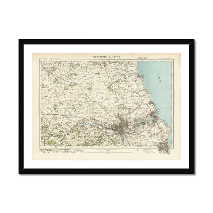 Framed vintage map print of Newcastle displayed against a white background.