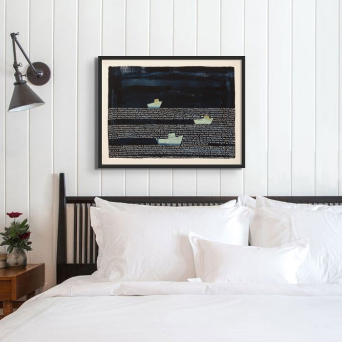 Seascape Painting above bed in coastal styled bedroom.