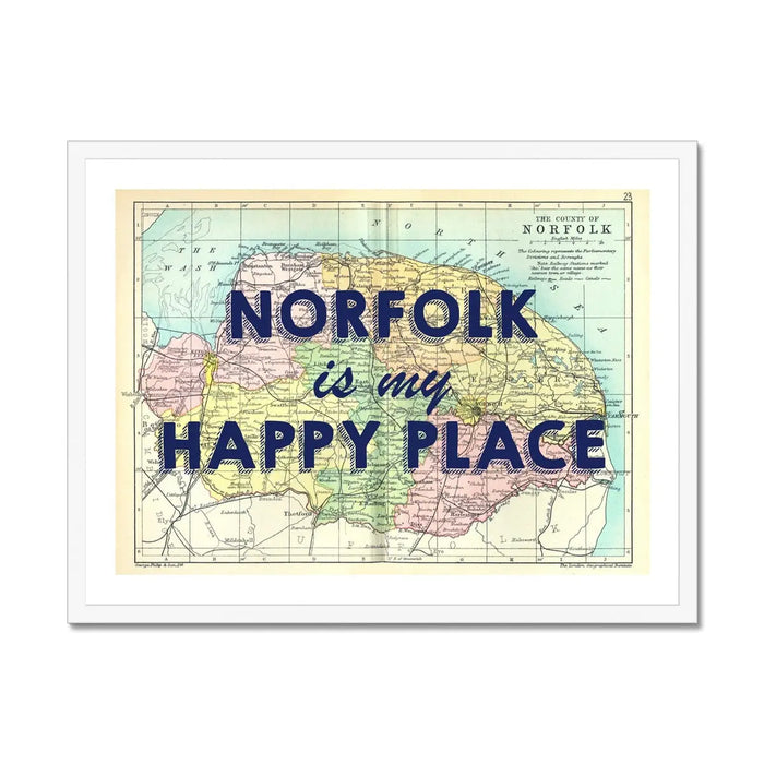 Norfolk is my Happy Place (Norfolk Map) Vintage Map Art - Framed - Beach House Art